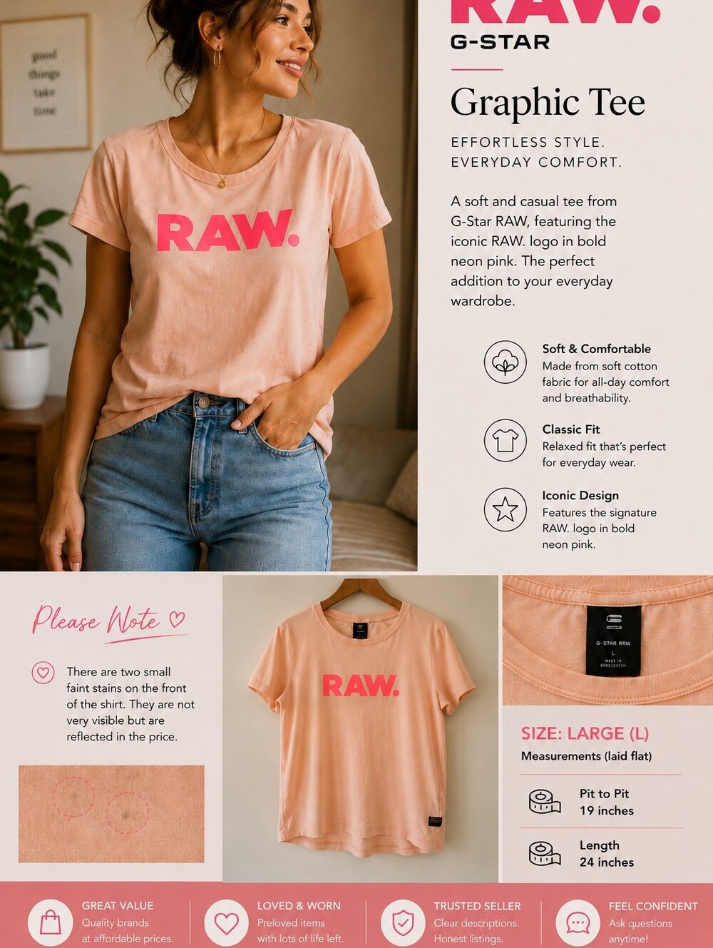 G-Star RAW Women's Short Sleeve Tee in Pale Peach with Neon Pink Logo